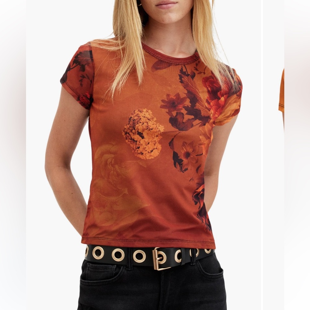 AllSaints Ellie Floral Print Mesh T-Shirt in Adela Burnt Orange Size 6 NWT